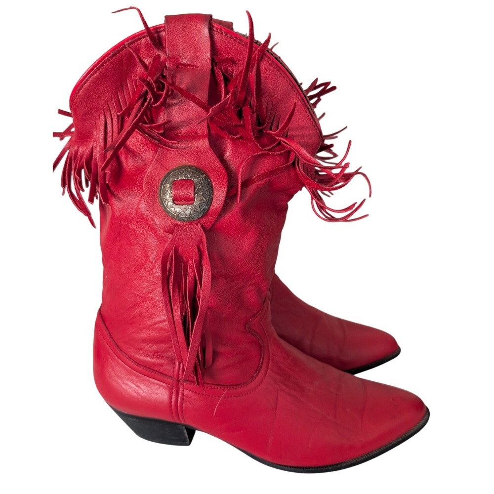 Vintage Acme Red Leather Fringe Western Cowboy Boots Women 9 Concho Snip Toe